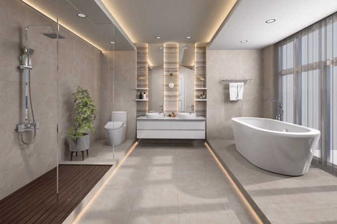 Không gian phòng tắm với các dòng thiết bị vệ sinh Caesar thiết kế tối giản, hiện đại. Ảnh: Caesar Vietnam